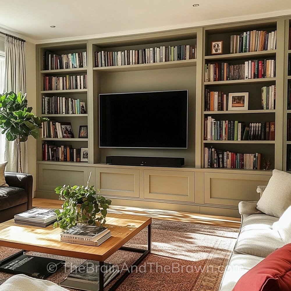 a TV media wall in living room with bookshelves and storage, green and cozy