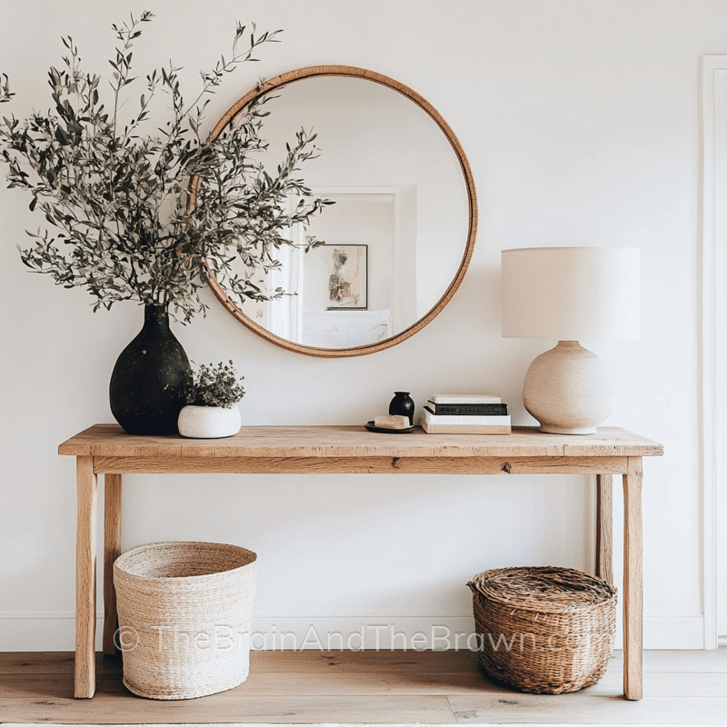 blank wall decor ideas showing a console table with mirror and olive branches