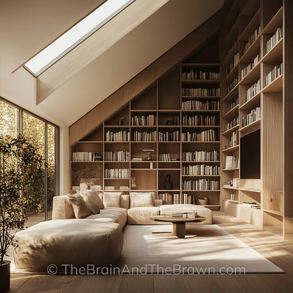 angled bookshelves in a home interior with TV and skylights, modern and neutral colors
