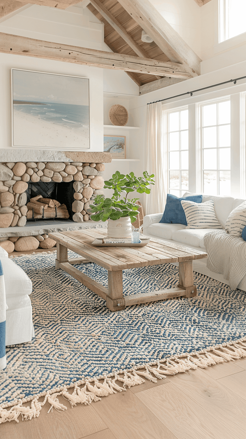 a natural rock fireplace in a coastal-style beach house 