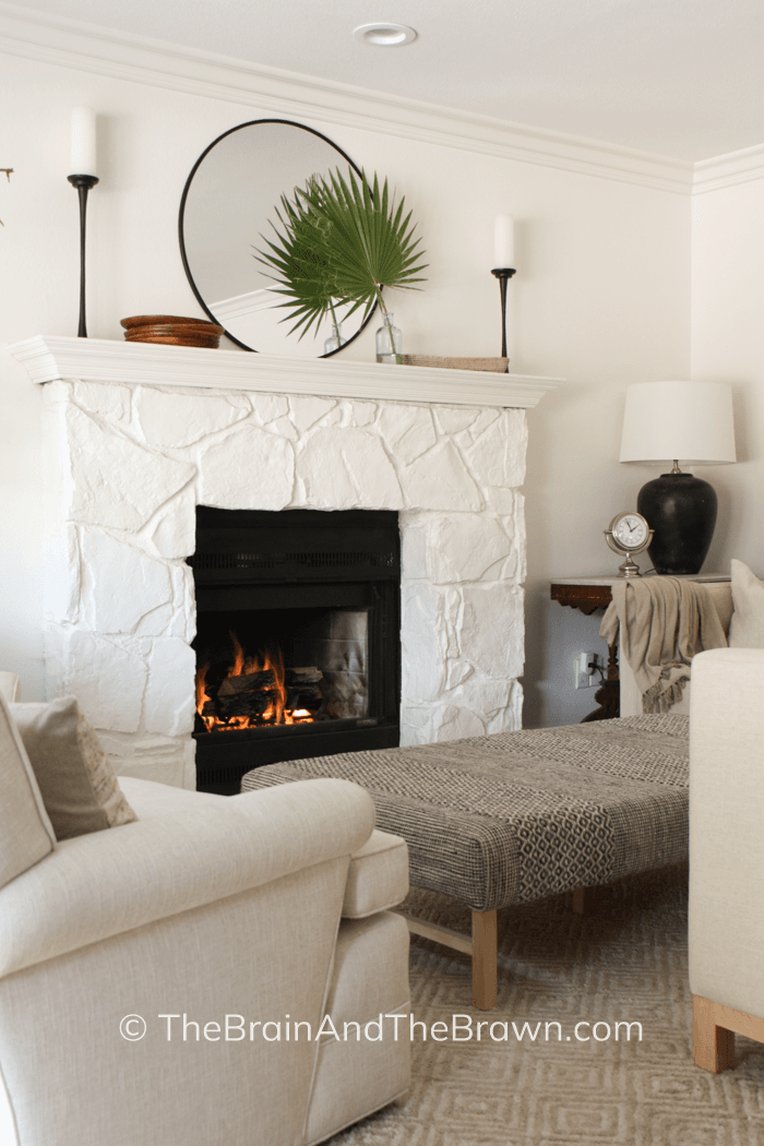 white stone fireplace in living room